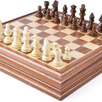 Chess and Checkers Wooden Luxury 38cm/15inch Wooden Box with Storage for 2 Extra Queens 2-in-1 Large Sizes and Chess Pieces