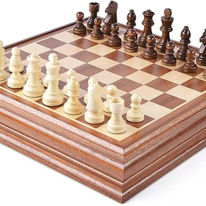 Chess and Checkers Wooden Luxury 38cm/15inch Wooden Box with Storage for 2 Extra Queens 2-in-1 Large Sizes and Chess Pieces