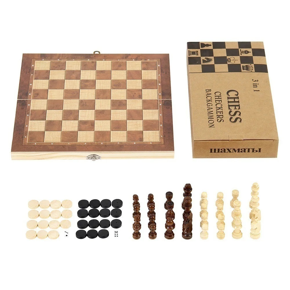3 in 1 Chess Board, Folding Wooden Portable Chess Game Board, Wooden Chess Board for Adults(Chess + Checkers and Backgammon)