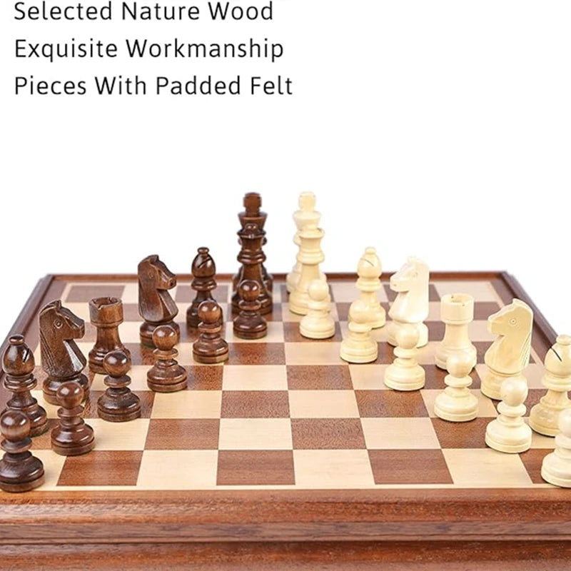 Chess and Checkers Wooden Luxury 38cm/15inch Wooden Box with Storage for 2 Extra Queens 2-in-1 Large Sizes and Chess Pieces