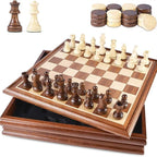 Chess and Checkers Wooden Luxury 38cm/15inch Wooden Box with Storage for 2 Extra Queens 2-in-1 Large Sizes and Chess Pieces