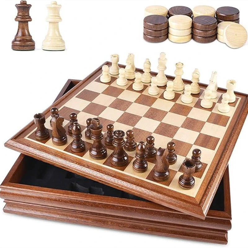 Chess and Checkers Wooden Luxury 38cm/15inch Wooden Box with Storage for 2 Extra Queens 2-in-1 Large Sizes and Chess Pieces