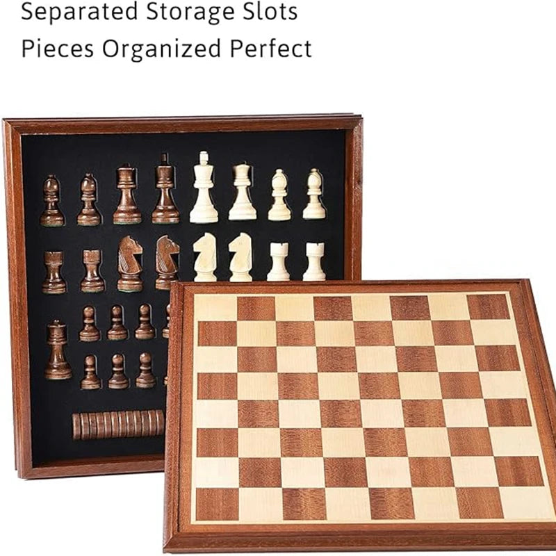 Chess and Checkers Wooden Luxury 38cm/15inch Wooden Box with Storage for 2 Extra Queens 2-in-1 Large Sizes and Chess Pieces