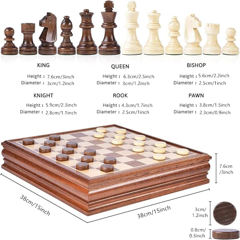 Chess and Checkers Wooden Luxury 38cm/15inch Wooden Box with Storage for 2 Extra Queens 2-in-1 Large Sizes and Chess Pieces