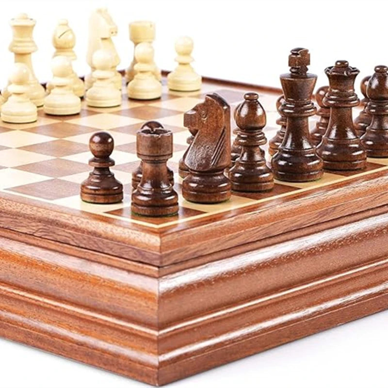 Chess and Checkers Wooden Luxury 38cm/15inch Wooden Box with Storage for 2 Extra Queens 2-in-1 Large Sizes and Chess Pieces